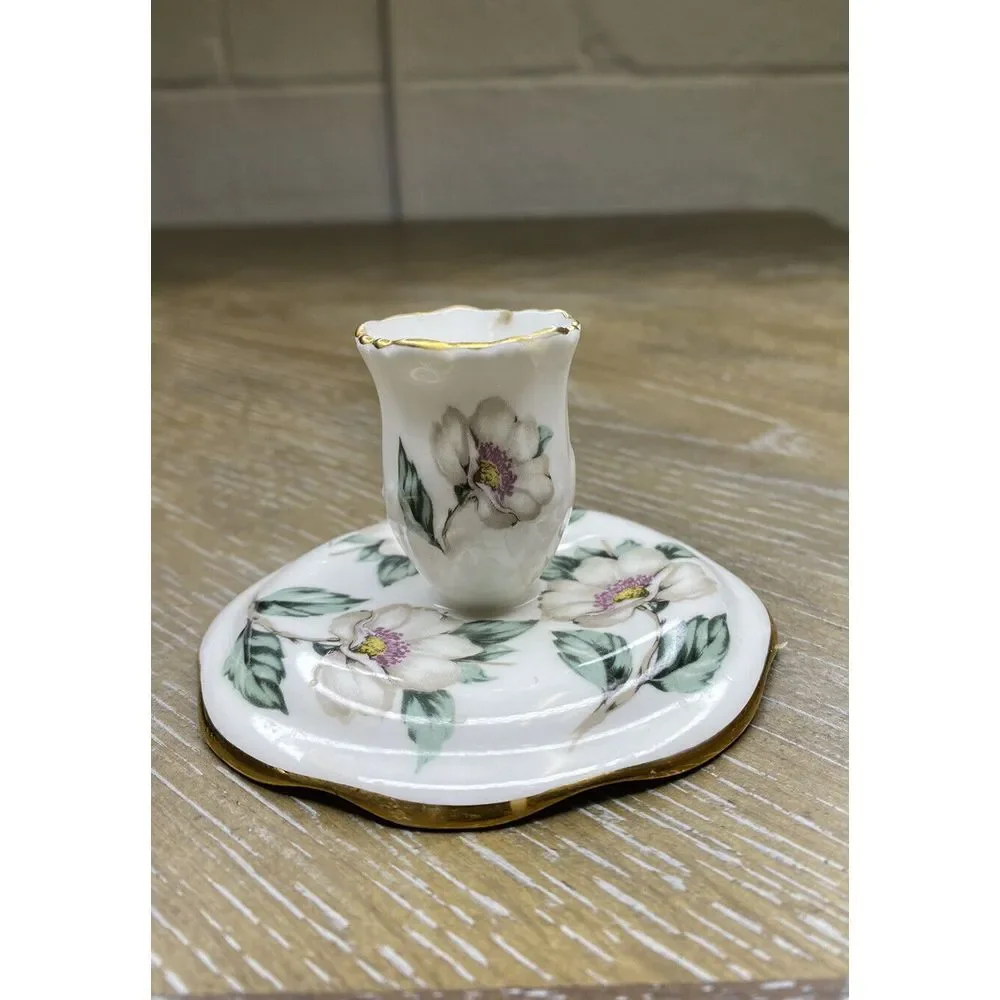 Staffordshire Candle Holder Bone‎ China White Flower Gold